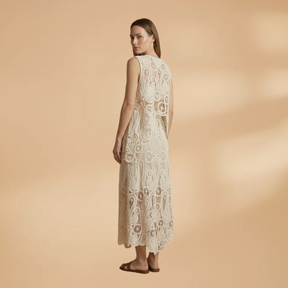 Women's Crochet Sleeveless Tank and Skirt Set with Side Slits and Boat Neck