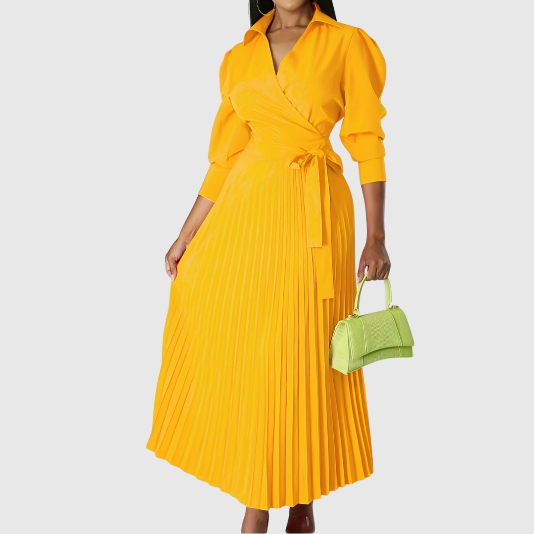 Women's Wrap Pleated Midi Dress – V-Neck, Tie Belt, Three-Quarter Sleeve