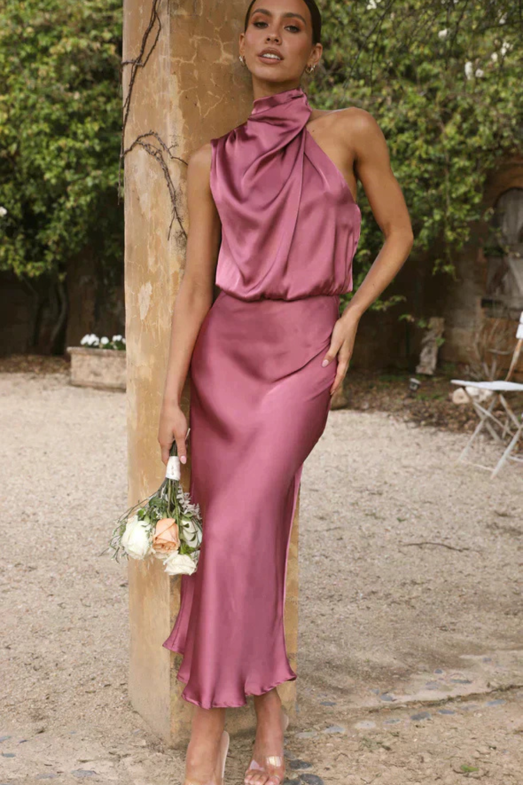 Women Halter Neck Midi Dress Satin Wedding Guest Dress