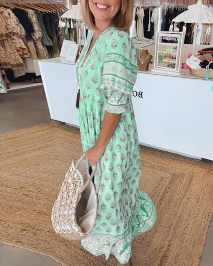 Women Printed V Neck Midi Dress