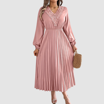 Women's Lace V-Neck A-Line Dress – Long Sleeve, Pleated, Autumn Winter Style