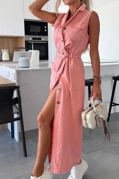 Women Sleeveless Belted Button Down Denim Maxi Dress with Split