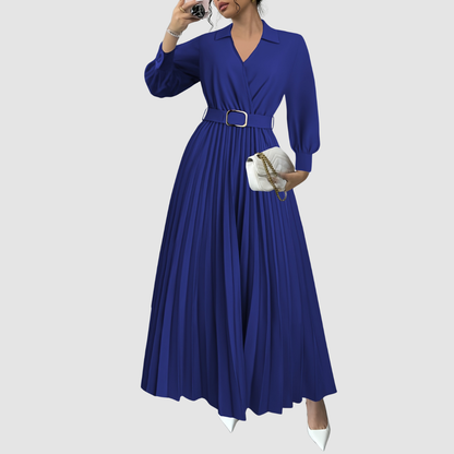 Women's V-Neck Pleated Maxi Dress – Belted Waist, Long Sleeve, Elegant Style