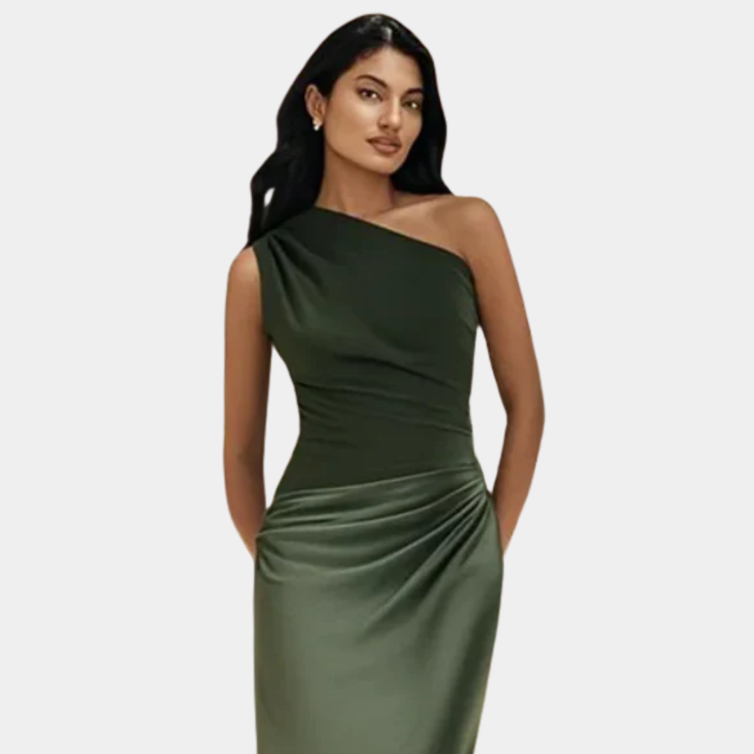 Women's One-Shoulder Satin Maxi Dress – Ruched Bodice, Elegant Formal Style