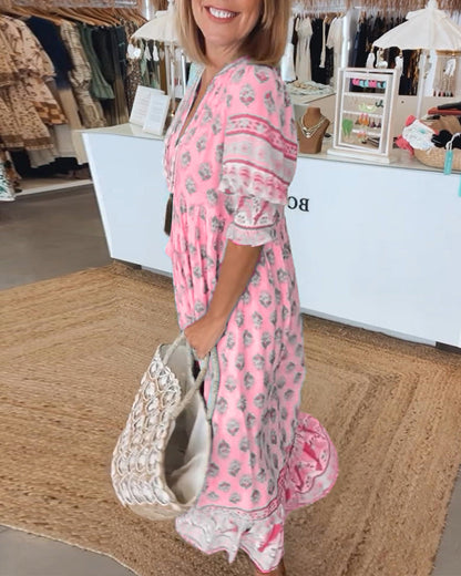 Women Printed V Neck Midi Dress