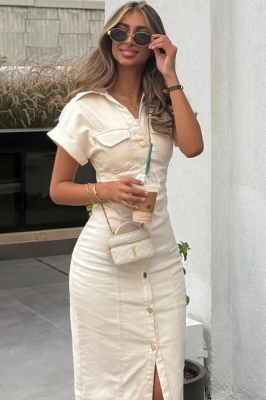 Women Short Sleeve Button Through Fitted Denim Midi Shirt Dress