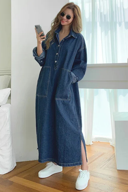 Women Oversized Long Sleeve Collared Denim Maxi Dress with Pockets