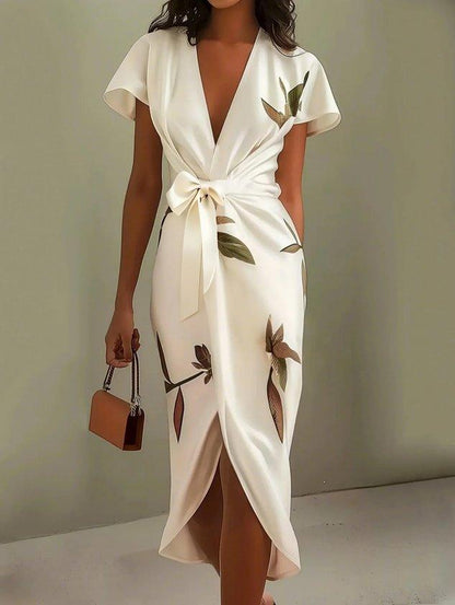 Women's Elegant Wrap Dress – V-Neck, Flutter Sleeve, Leaf Print, Tied Waist