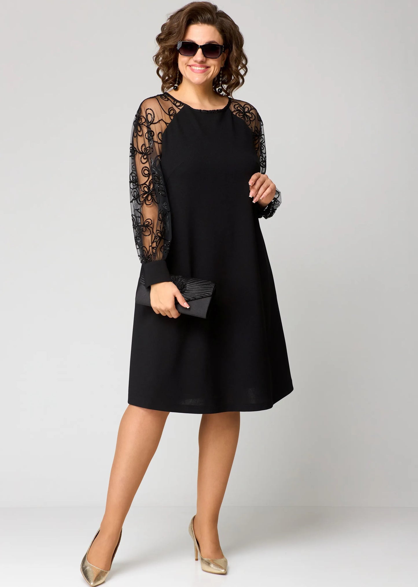 Women's Floral Embroidered Lace Sleeve Dress – A-Line, Elegant, Relaxed Fit