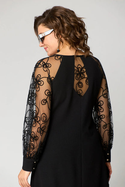 Women's Floral Embroidered Lace Sleeve Dress – A-Line, Elegant, Relaxed Fit