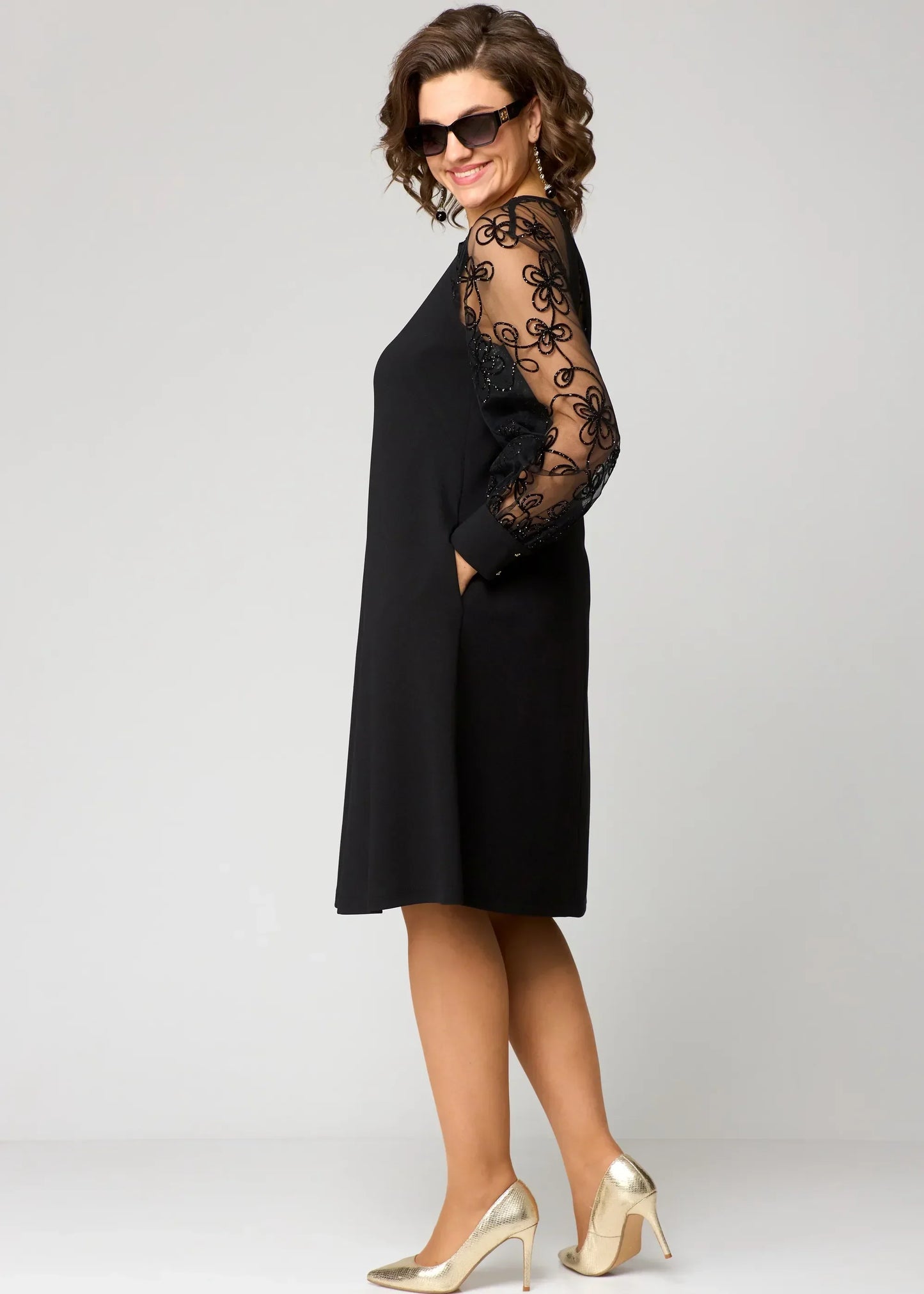 Women's Floral Embroidered Lace Sleeve Dress – A-Line, Elegant, Relaxed Fit
