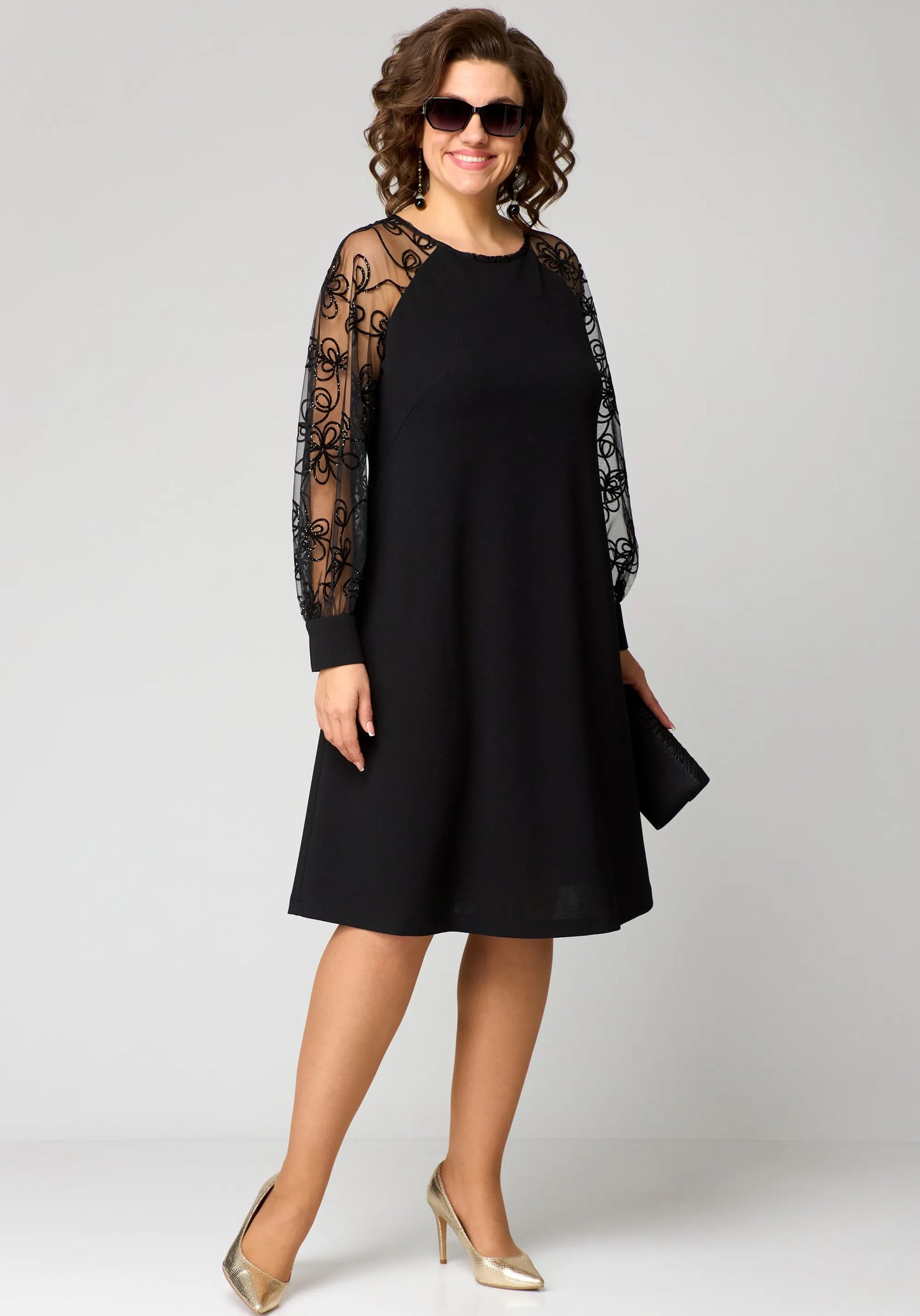 Women's Floral Embroidered Lace Sleeve Dress – A-Line, Elegant, Relaxed Fit