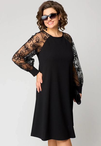 Women's Floral Embroidered Lace Sleeve Dress – A-Line, Elegant, Relaxed Fit