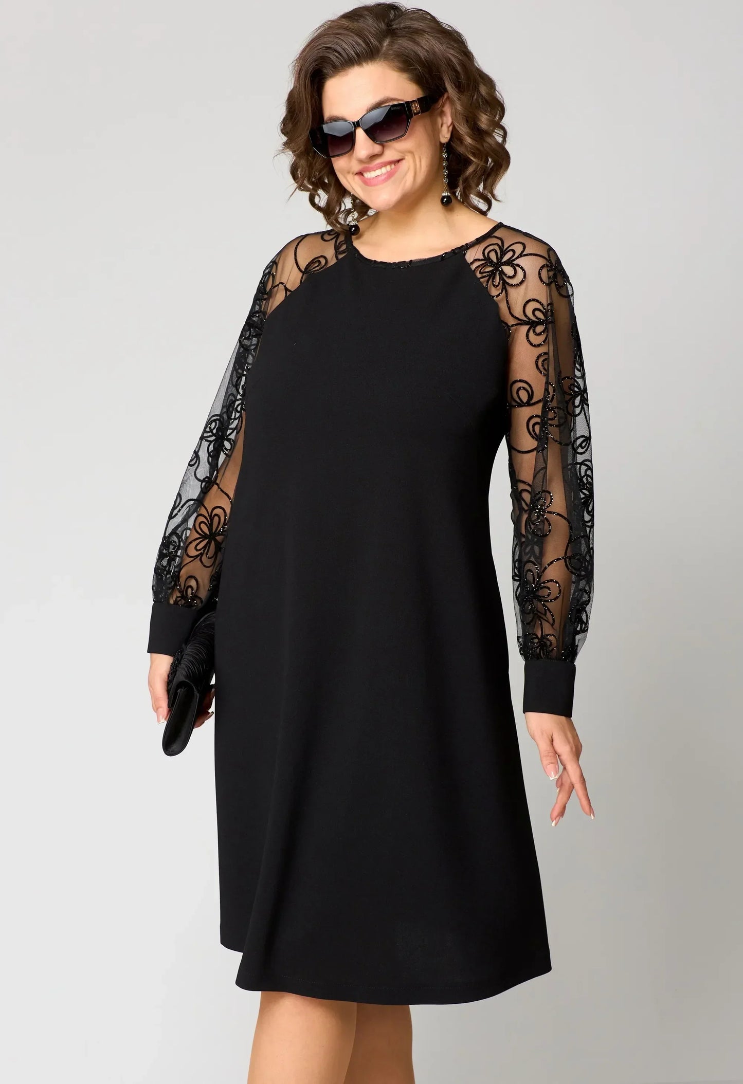 Women's Floral Embroidered Lace Sleeve Dress – A-Line, Elegant, Relaxed Fit
