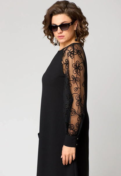 Women's Floral Embroidered Lace Sleeve Dress – A-Line, Elegant, Relaxed Fit