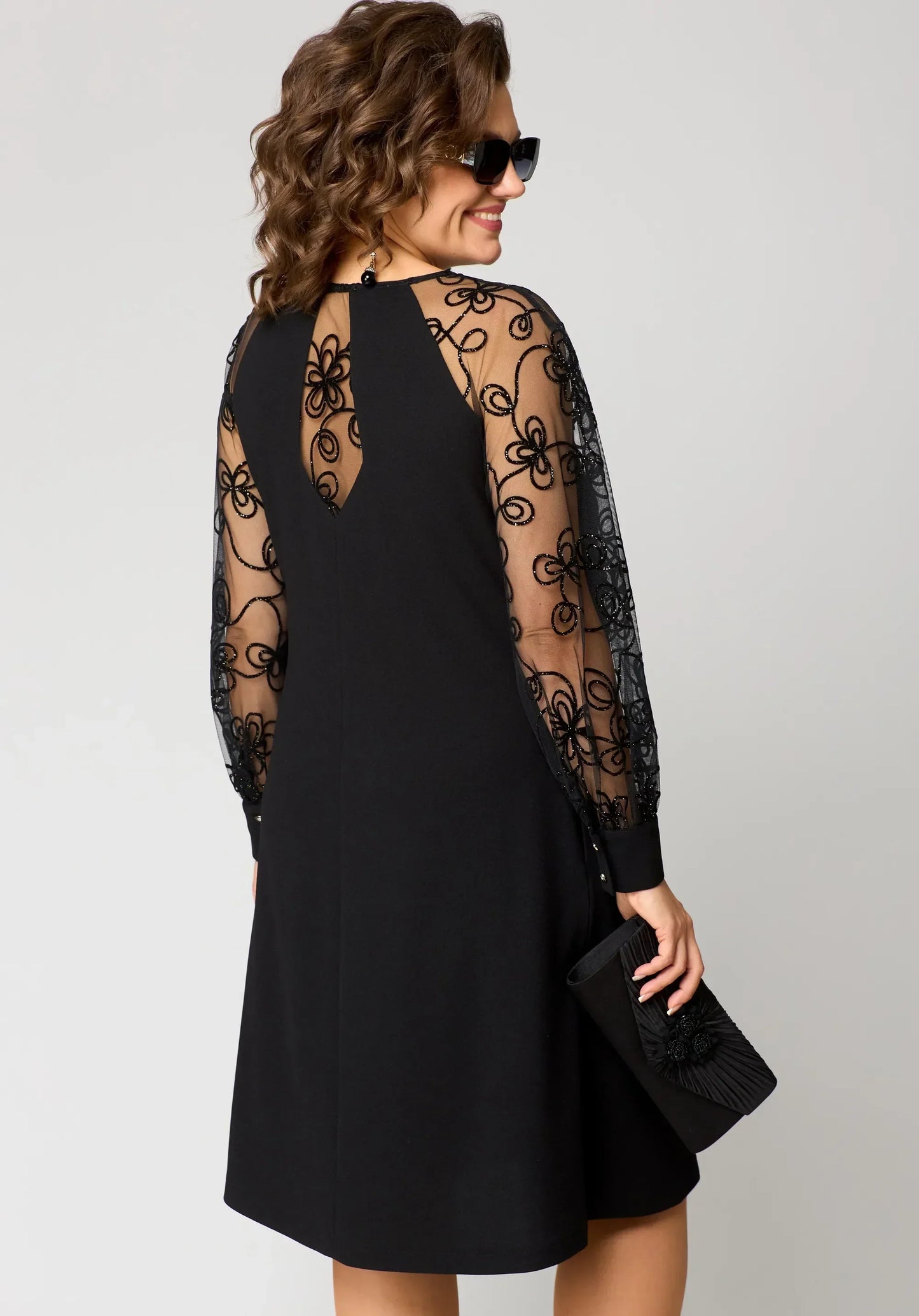 Women's Floral Embroidered Lace Sleeve Dress – A-Line, Elegant, Relaxed Fit