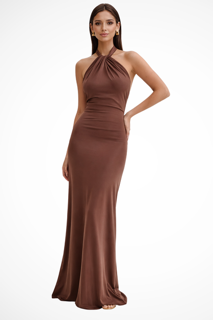 Women Halter Neck Twisted Knot Open Back Bodycon Wedding Guest Maxi Dress