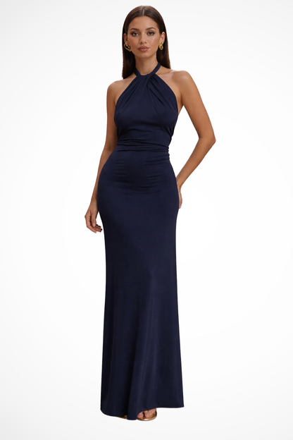 Women Halter Neck Twisted Knot Open Back Bodycon Wedding Guest Maxi Dress
