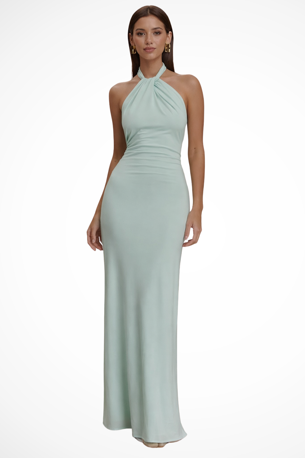 Women Halter Neck Twisted Knot Open Back Bodycon Wedding Guest Maxi Dress