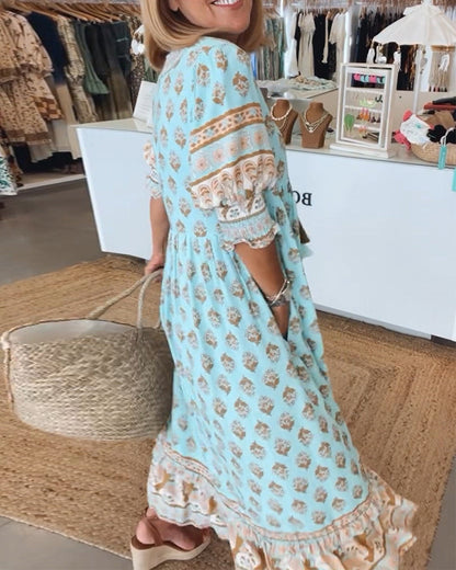 Women Printed V Neck Midi Dress