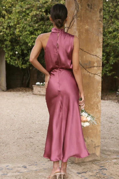 Women Halter Neck Midi Dress Satin Wedding Guest Dress
