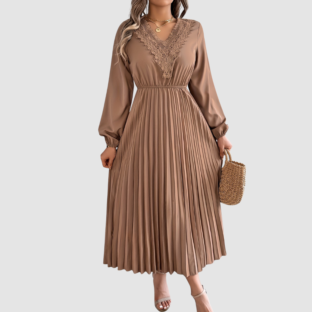 Women's Lace V-Neck A-Line Dress – Long Sleeve, Pleated, Autumn Winter Style