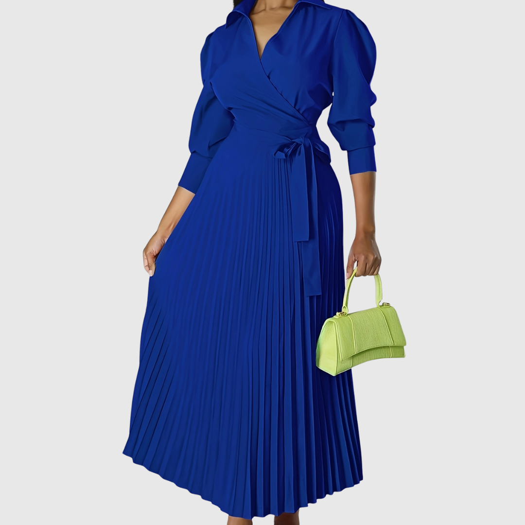 Women's Wrap Pleated Midi Dress – V-Neck, Tie Belt, Three-Quarter Sleeve