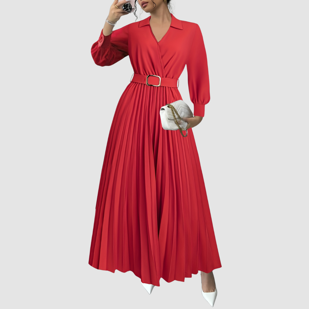 Women's V-Neck Pleated Maxi Dress – Belted Waist, Long Sleeve, Elegant Style