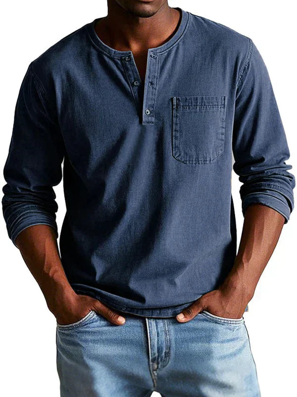 Men's Long Sleeve Shirt - Henley Neck and Chest Pocket