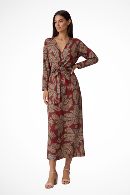 Women Wedding Guest Tie Waist Maxi Dress with Long Sleeves