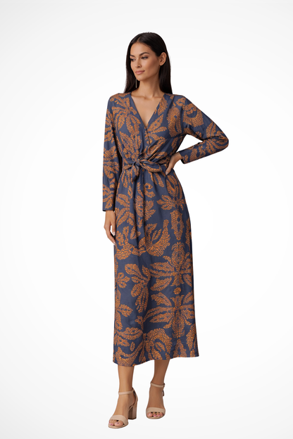 Women Wedding Guest Tie Waist Maxi Dress with Long Sleeves