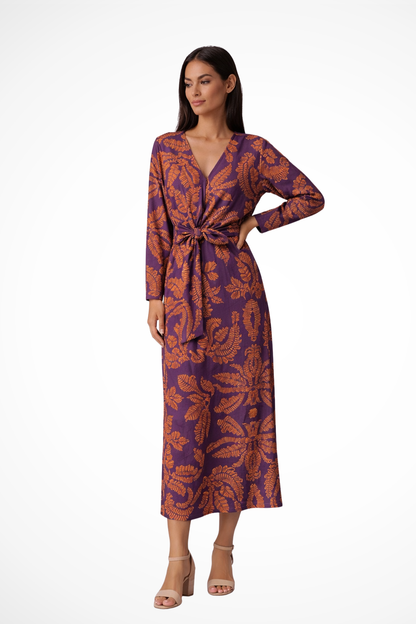 Women Wedding Guest Tie Waist Maxi Dress with Long Sleeves