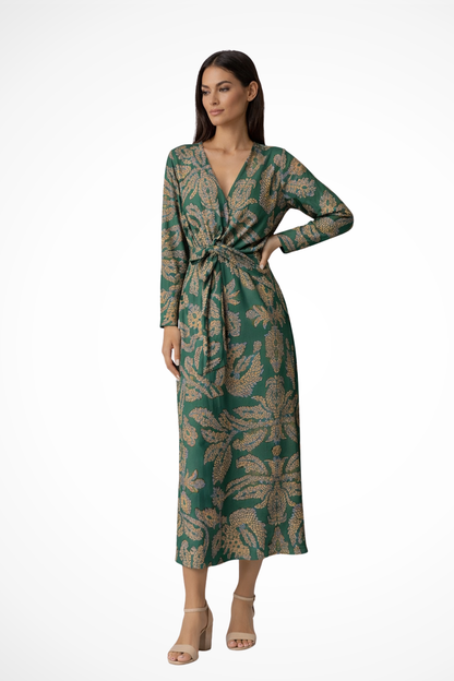 Women Wedding Guest Tie Waist Maxi Dress with Long Sleeves