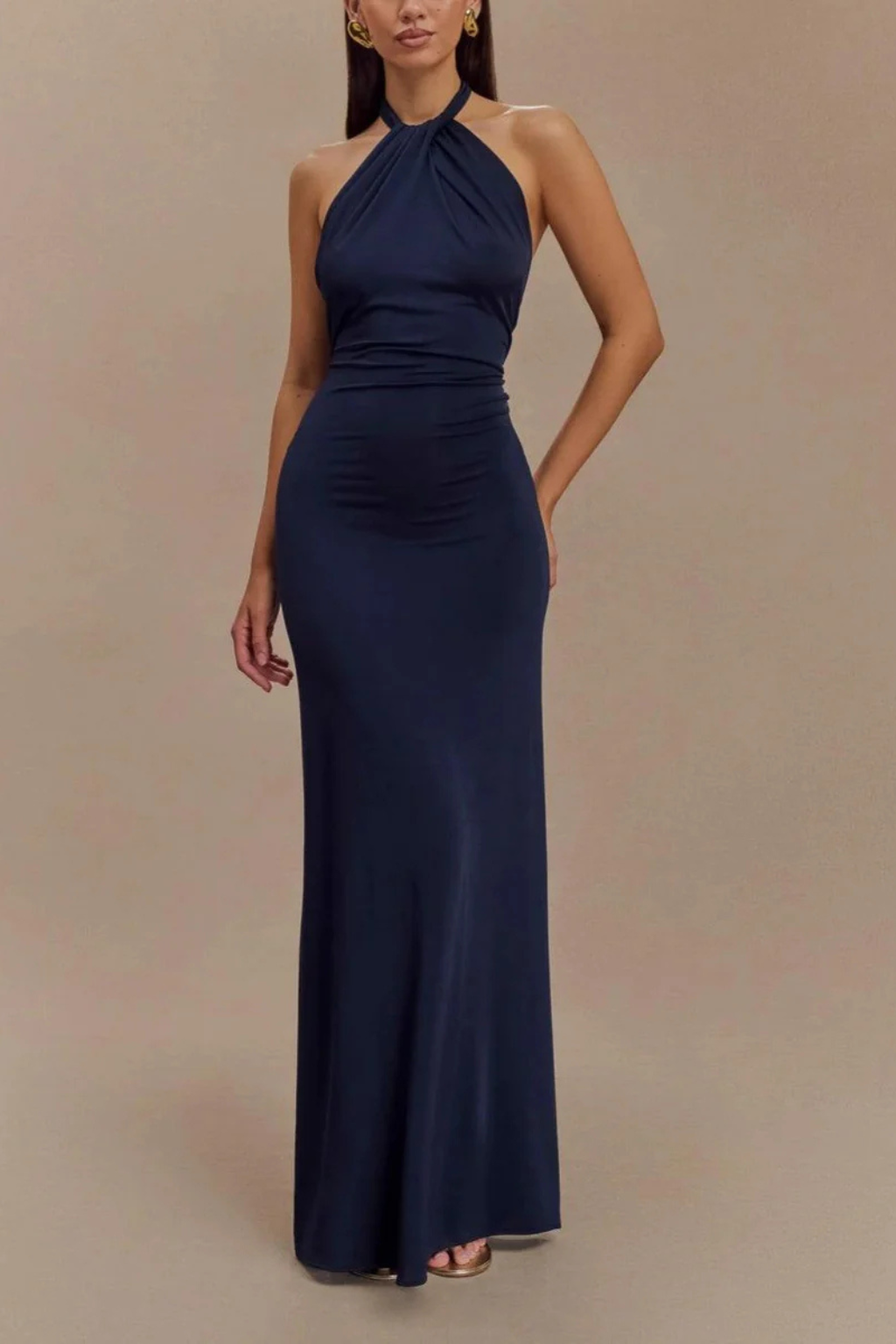 Women Halter Neck Twisted Knot Open Back Bodycon Wedding Guest Maxi Dress