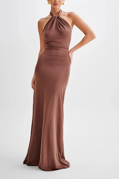 Women Halter Neck Twisted Knot Open Back Bodycon Wedding Guest Maxi Dress