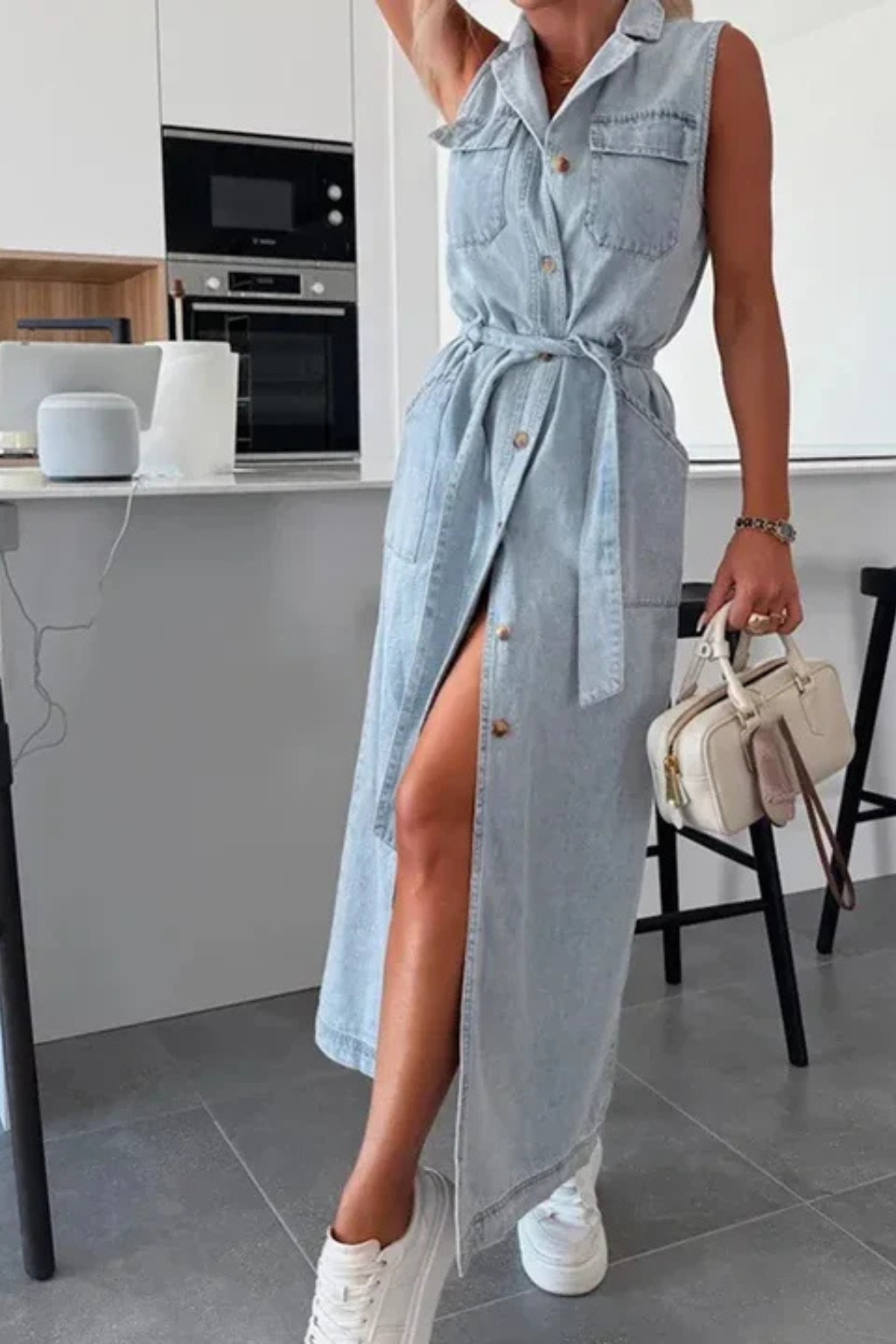 Women Sleeveless Belted Button Down Denim Maxi Dress with Split