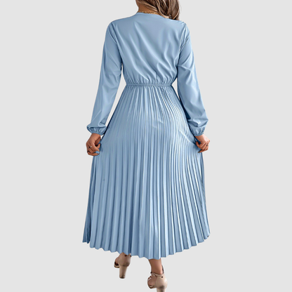 Women's Lace V-Neck A-Line Dress – Long Sleeve, Pleated, Autumn Winter Style
