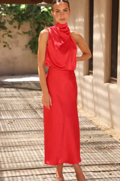 Women Halter Neck Midi Dress Satin Wedding Guest Dress