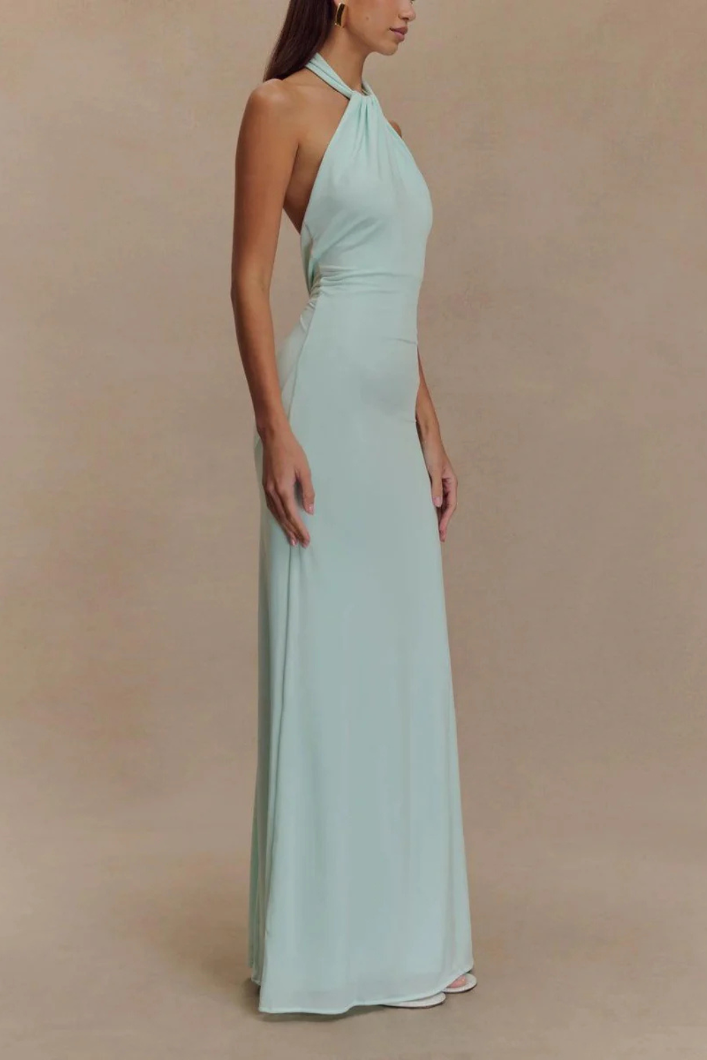 Women Halter Neck Twisted Knot Open Back Bodycon Wedding Guest Maxi Dress