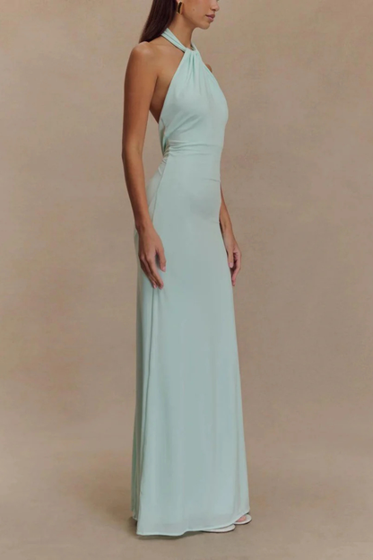 Women Halter Neck Twisted Knot Open Back Bodycon Wedding Guest Maxi Dress