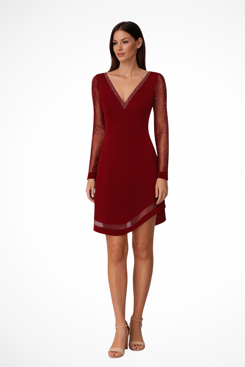 Women Wedding Guest V Neck Midi Dress with Sheer Long Sleeves