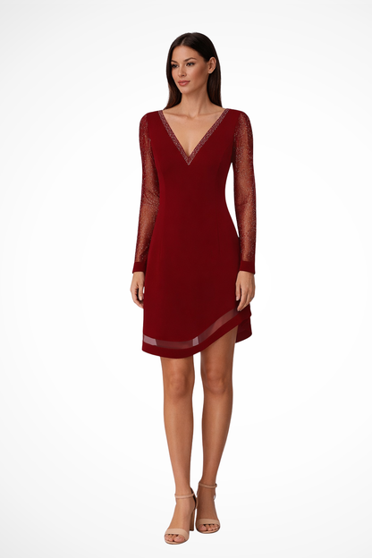 Women Wedding Guest V Neck Midi Dress with Sheer Long Sleeves