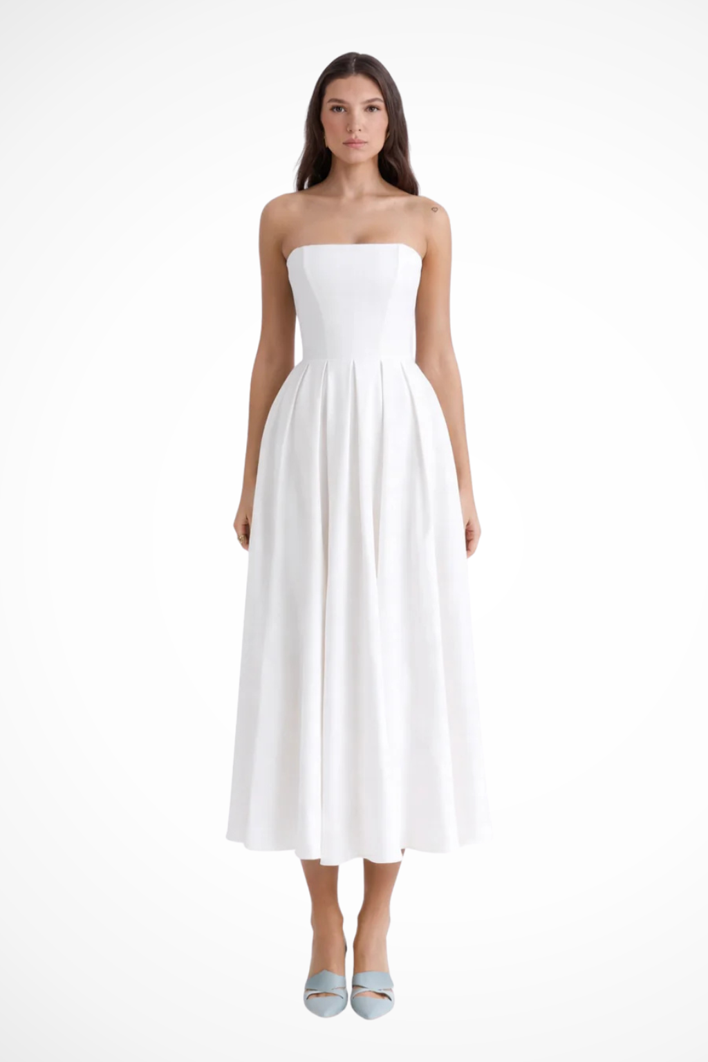 Women Strapless Corset Midi Dress with Flared Skirt