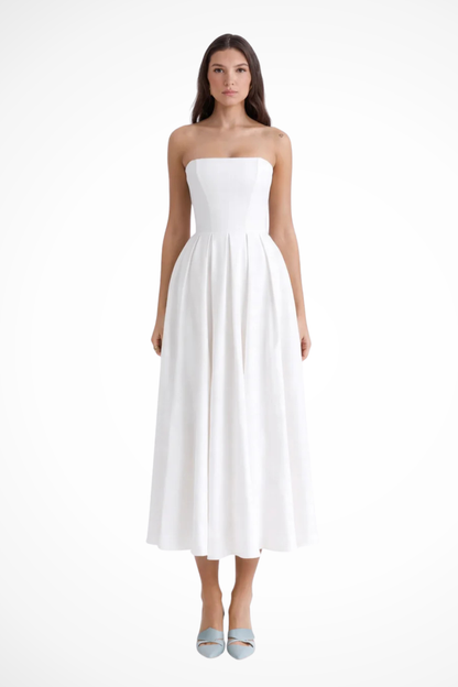 Women Strapless Corset Midi Dress with Flared Skirt