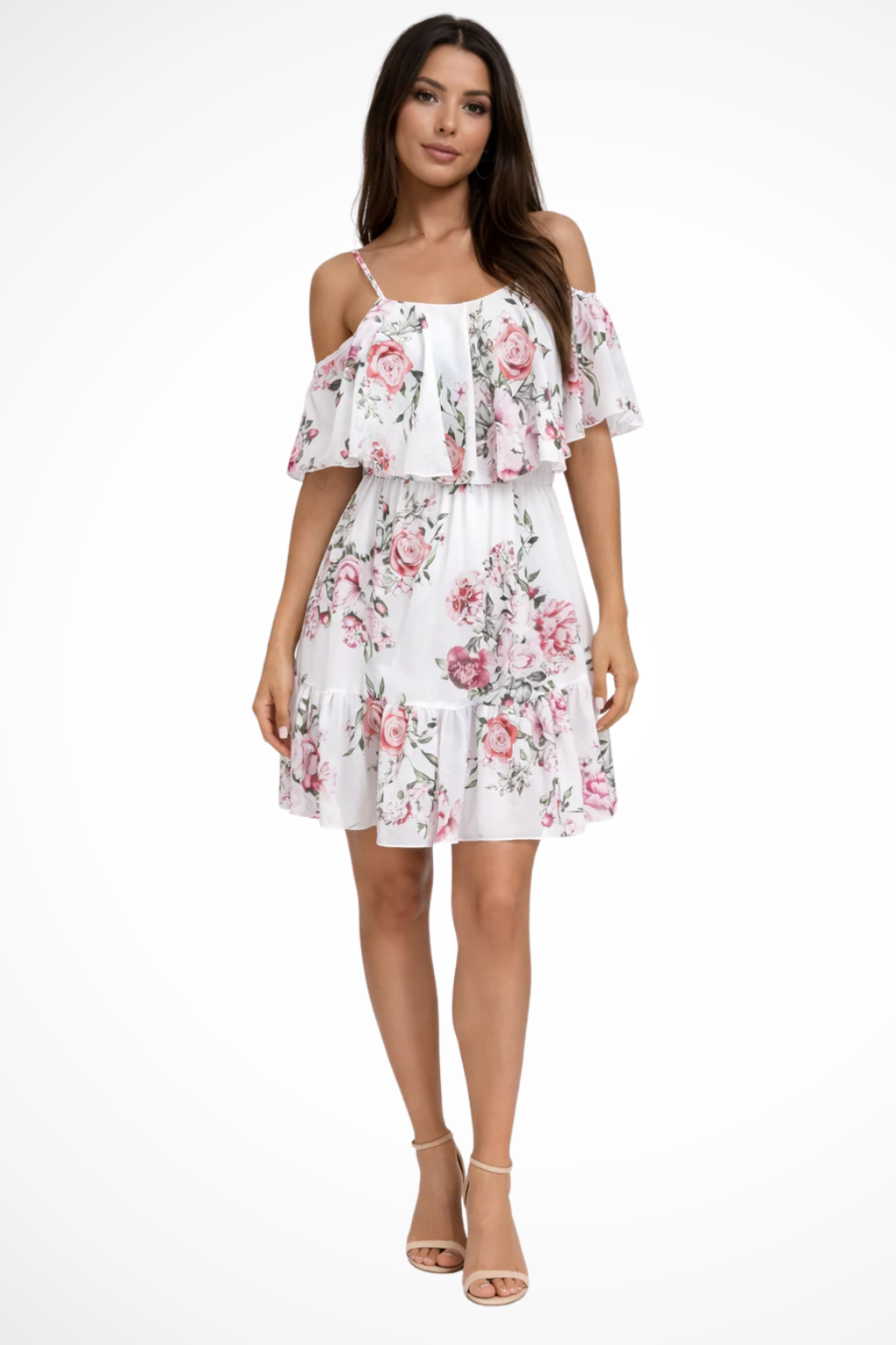 Women Off Shoulder Floral Chiffon Ruffle Mini Boho Dress