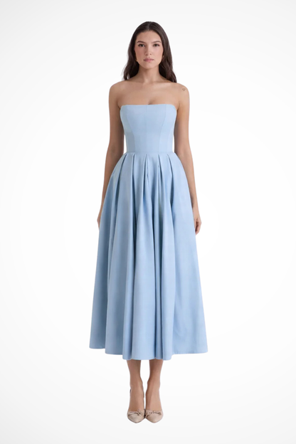 Women Strapless Corset Midi Dress with Flared Skirt