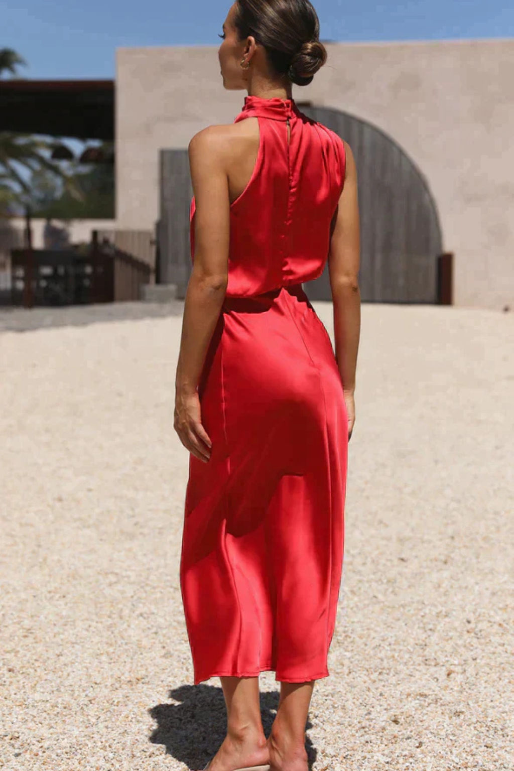 Women Halter Neck Midi Dress Satin Wedding Guest Dress
