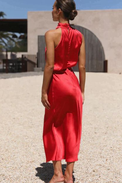 Women Halter Neck Midi Dress Satin Wedding Guest Dress