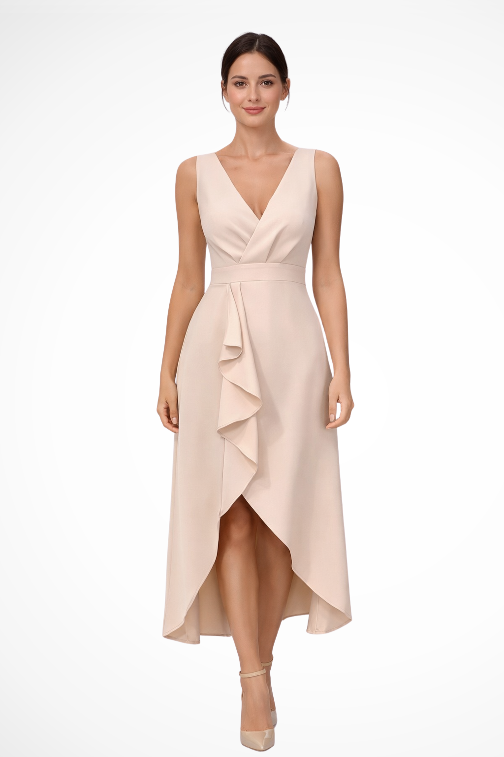 Women’s Sleeveless Wrap Style Midi Wedding Guest Dress with Asymmetric Hem