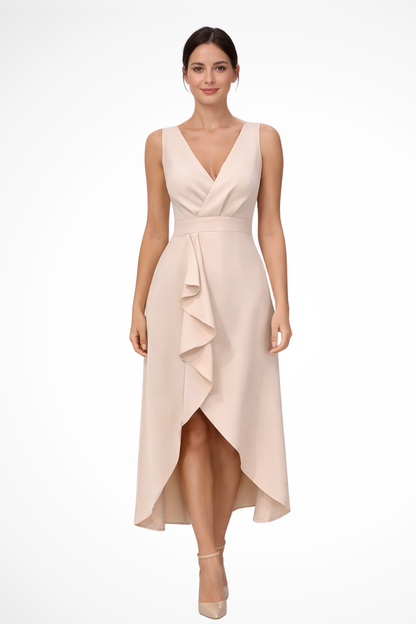 Women’s Sleeveless Wrap Style Midi Wedding Guest Dress with Asymmetric Hem